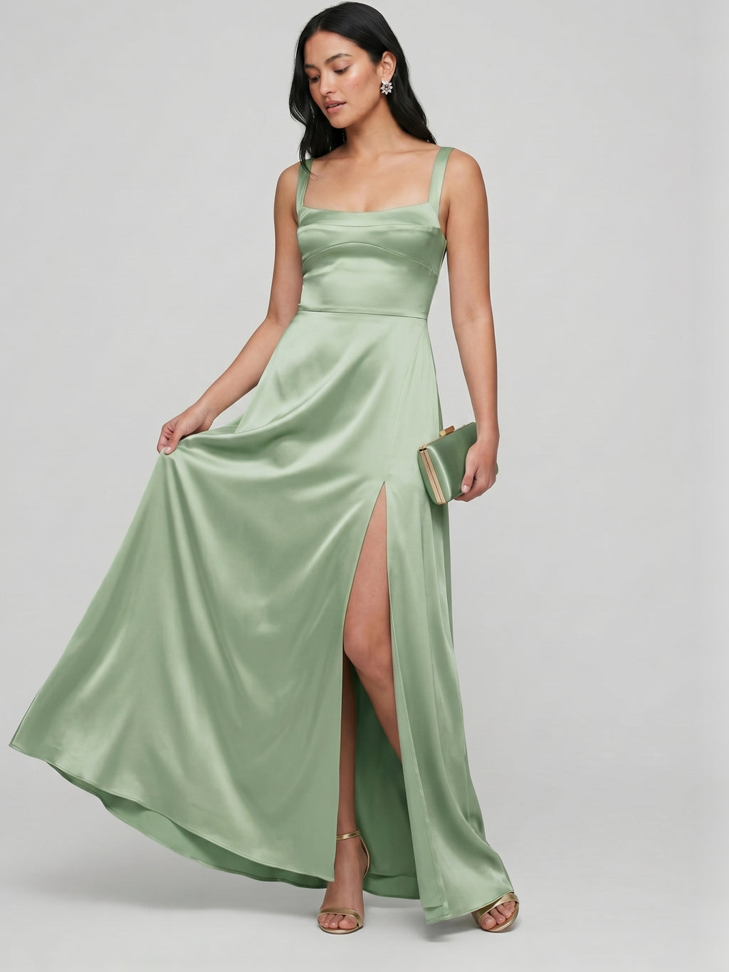 Simple Dusty Sage Satin A-Line Square Neck Ankle-Length Bridesmaid Dress