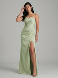 Simple Dusty Sage Satin Sheath Straight Neck Backless Ankle-Length Bridesmaid Dress