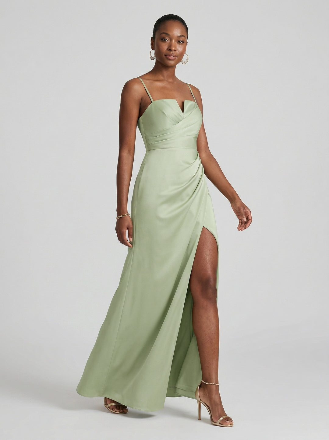 Simple Dusty Sage Satin Sheath Straight Neck Backless Ankle-Length Bridesmaid Dress