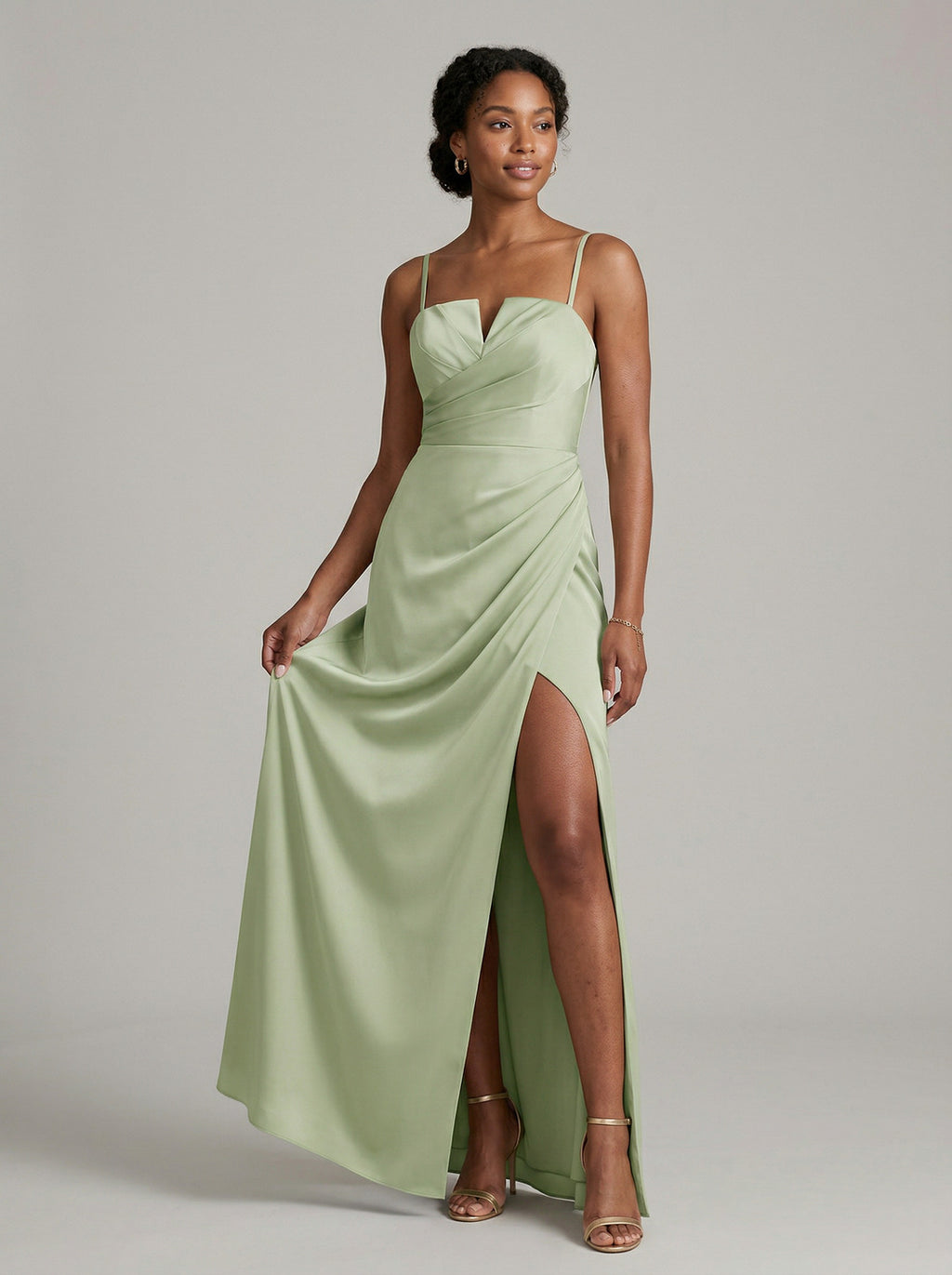 Simple Dusty Sage Satin Sheath Straight Neck Backless Ankle-Length Bridesmaid Dress