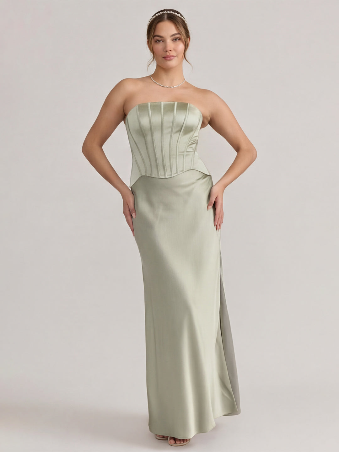 Simple Dusty Sage Satin Mermaid Straight Neck Back Zip Ankle-Length Bridesmaid Dress