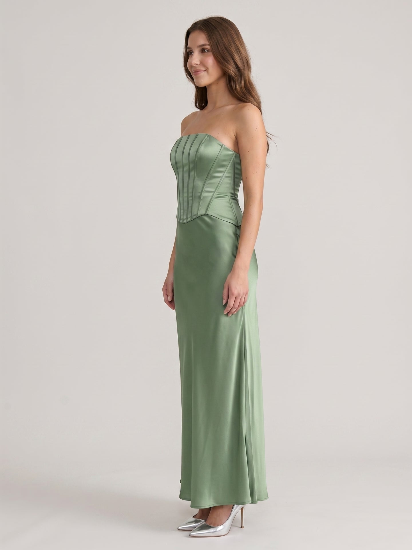 Simple Dusty Sage Satin Mermaid Straight Neck Back Zip Ankle-Length Bridesmaid Dress
