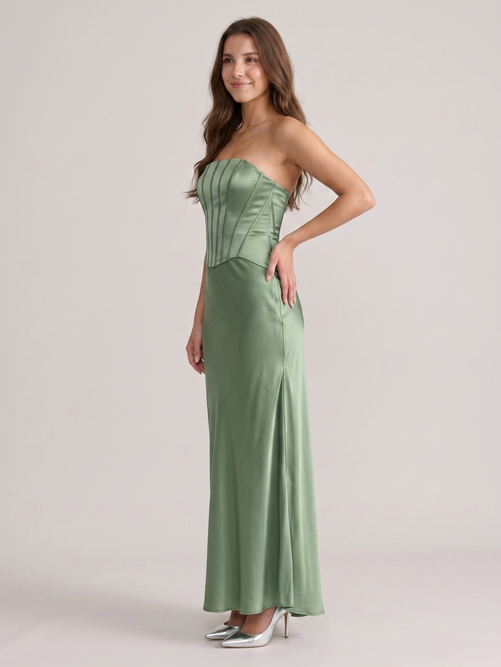 Simple Dusty Sage Satin Mermaid Straight Neck Back Zip Ankle-Length Bridesmaid Dress