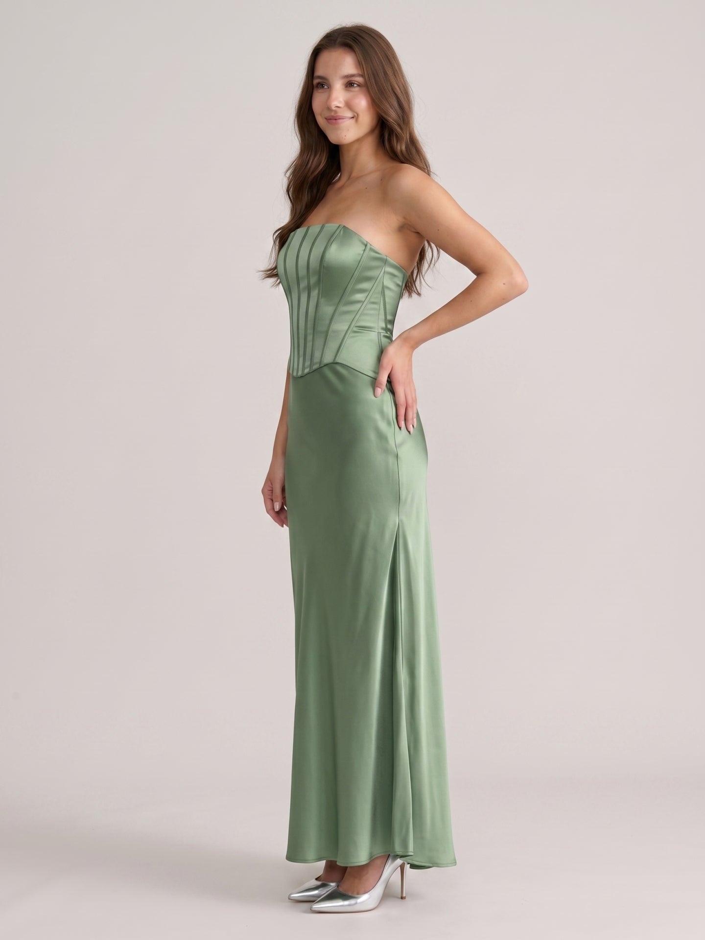 Simple Dusty Sage Satin Mermaid Straight Neck Back Zip Ankle-Length Bridesmaid Dress
