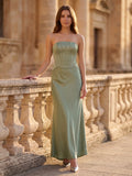 Simple Dusty Sage Satin Mermaid Straight Neck Back Zip Ankle-Length Bridesmaid Dress
