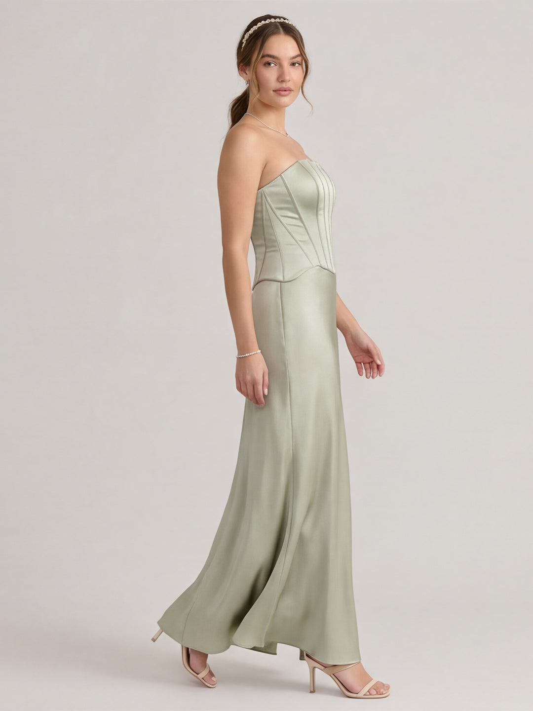 Simple Dusty Sage Satin Mermaid Straight Neck Back Zip Ankle-Length Bridesmaid Dress