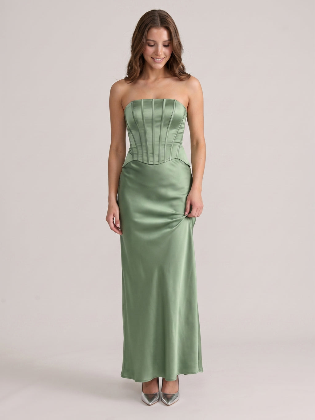 Simple Dusty Sage Satin Mermaid Straight Neck Back Zip Ankle-Length Bridesmaid Dress