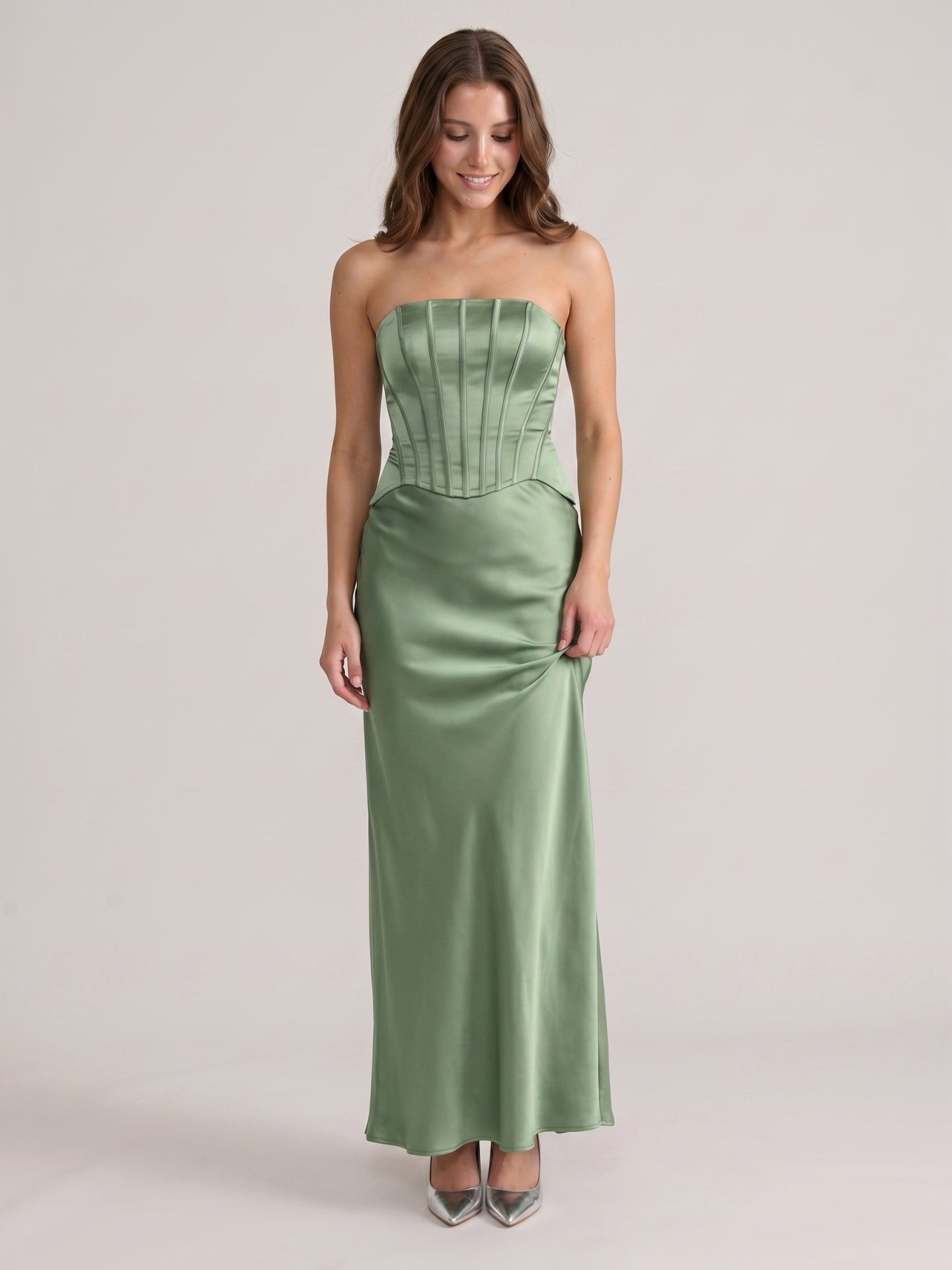 Simple Dusty Sage Satin Mermaid Straight Neck Back Zip Ankle-Length Bridesmaid Dress