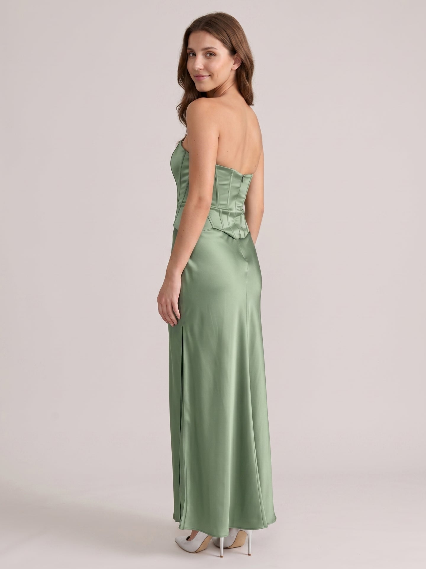 Simple Dusty Sage Satin Mermaid Straight Neck Back Zip Ankle-Length Bridesmaid Dress