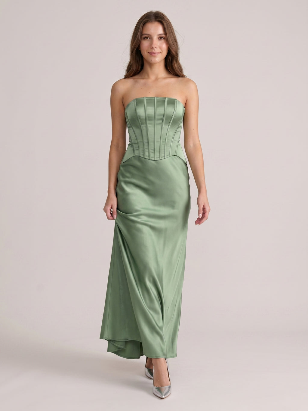Simple Dusty Sage Satin Mermaid Straight Neck Back Zip Ankle-Length Bridesmaid Dress