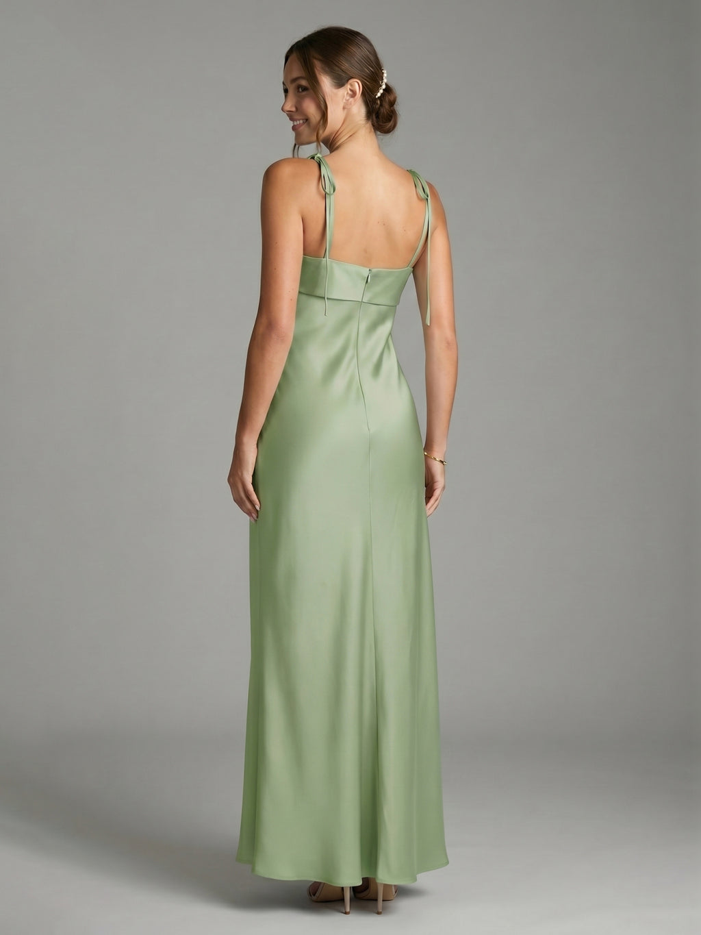 Simple Dusty Sage Satin Sheath Ankle-Length Bridesmaid Dress
