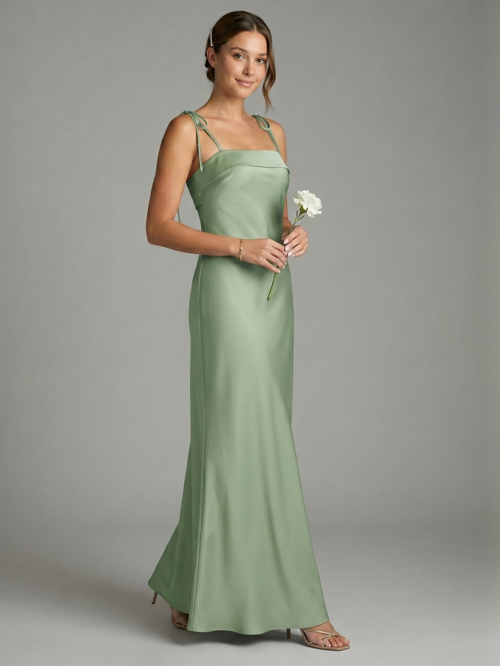 Simple Dusty Sage Satin Sheath Ankle-Length Bridesmaid Dress