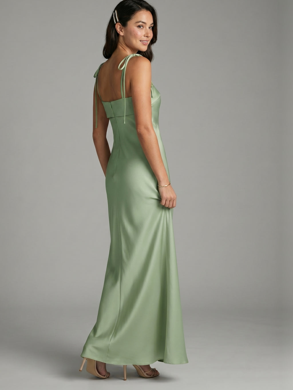 Simple Dusty Sage Satin Sheath Ankle-Length Bridesmaid Dress