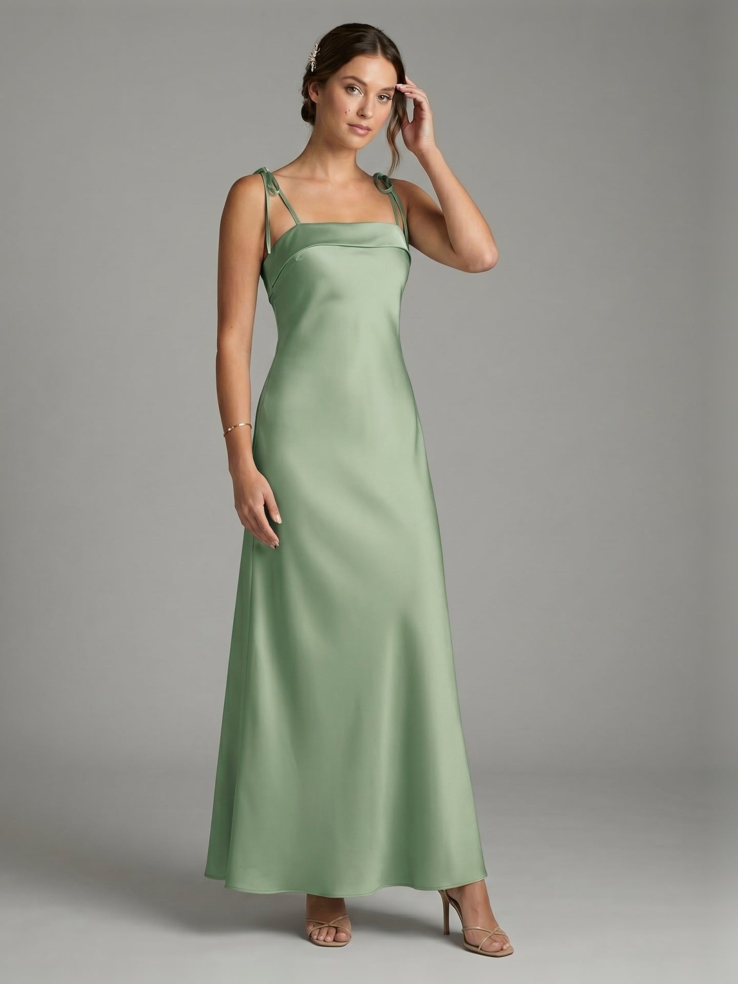 Simple Dusty Sage Satin Sheath Ankle-Length Bridesmaid Dress