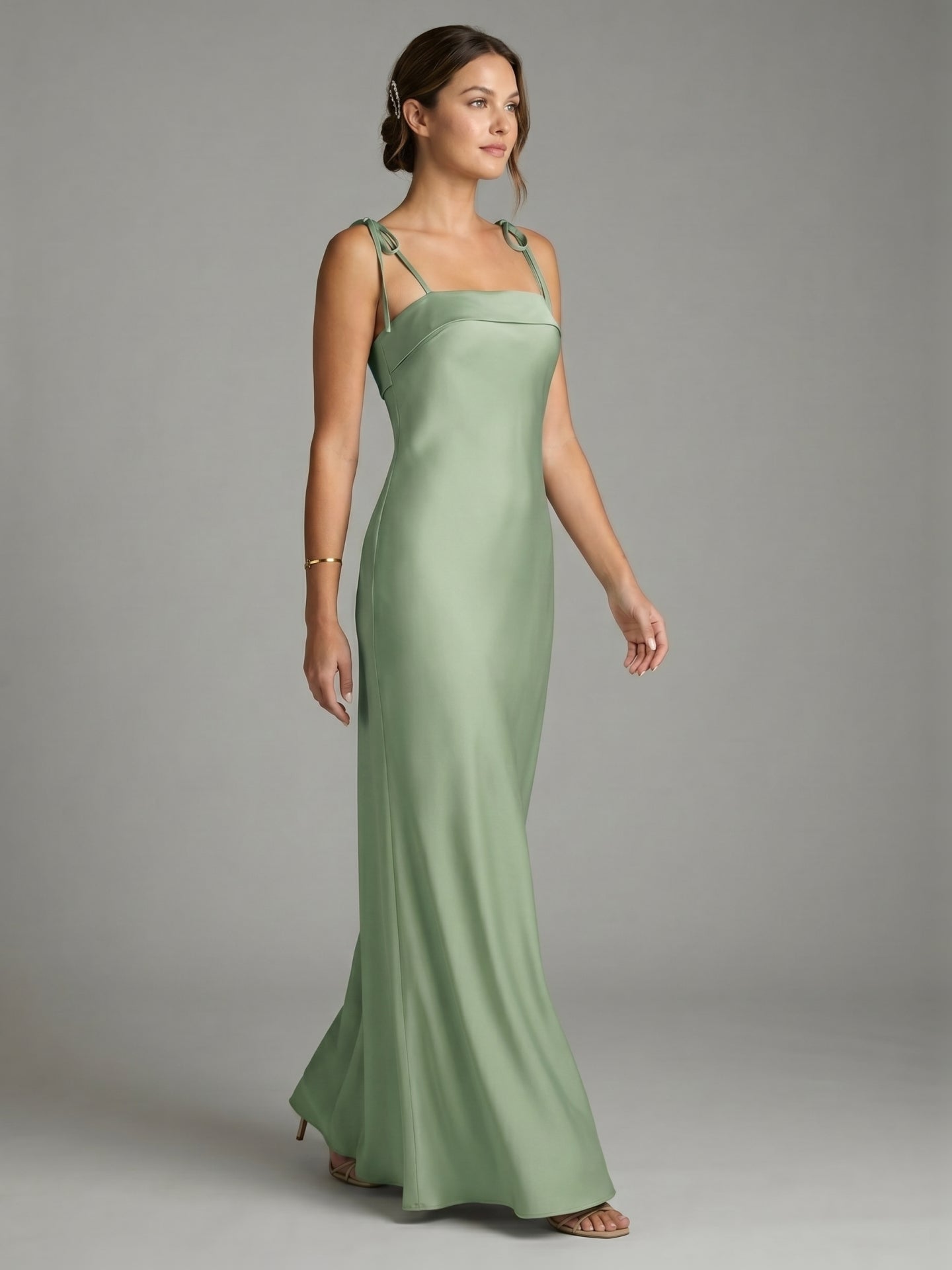 Simple Dusty Sage Satin Sheath Ankle-Length Bridesmaid Dress