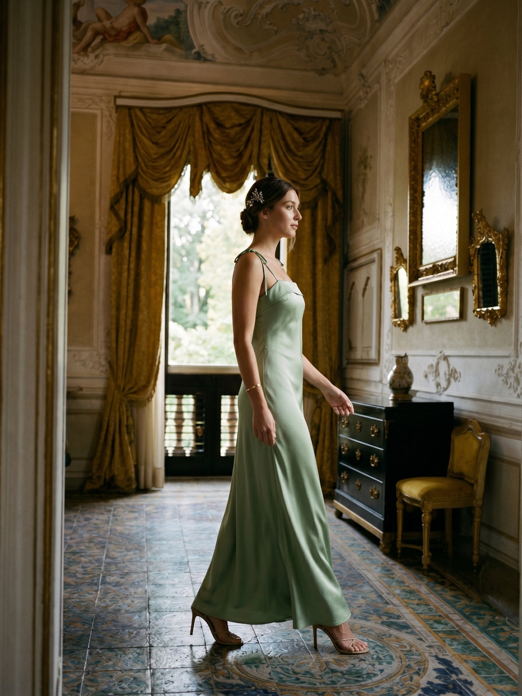 Simple Dusty Sage Satin Sheath Ankle-Length Bridesmaid Dress