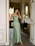 Simple Dusty Sage Satin Sheath Ankle-Length Bridesmaid Dress