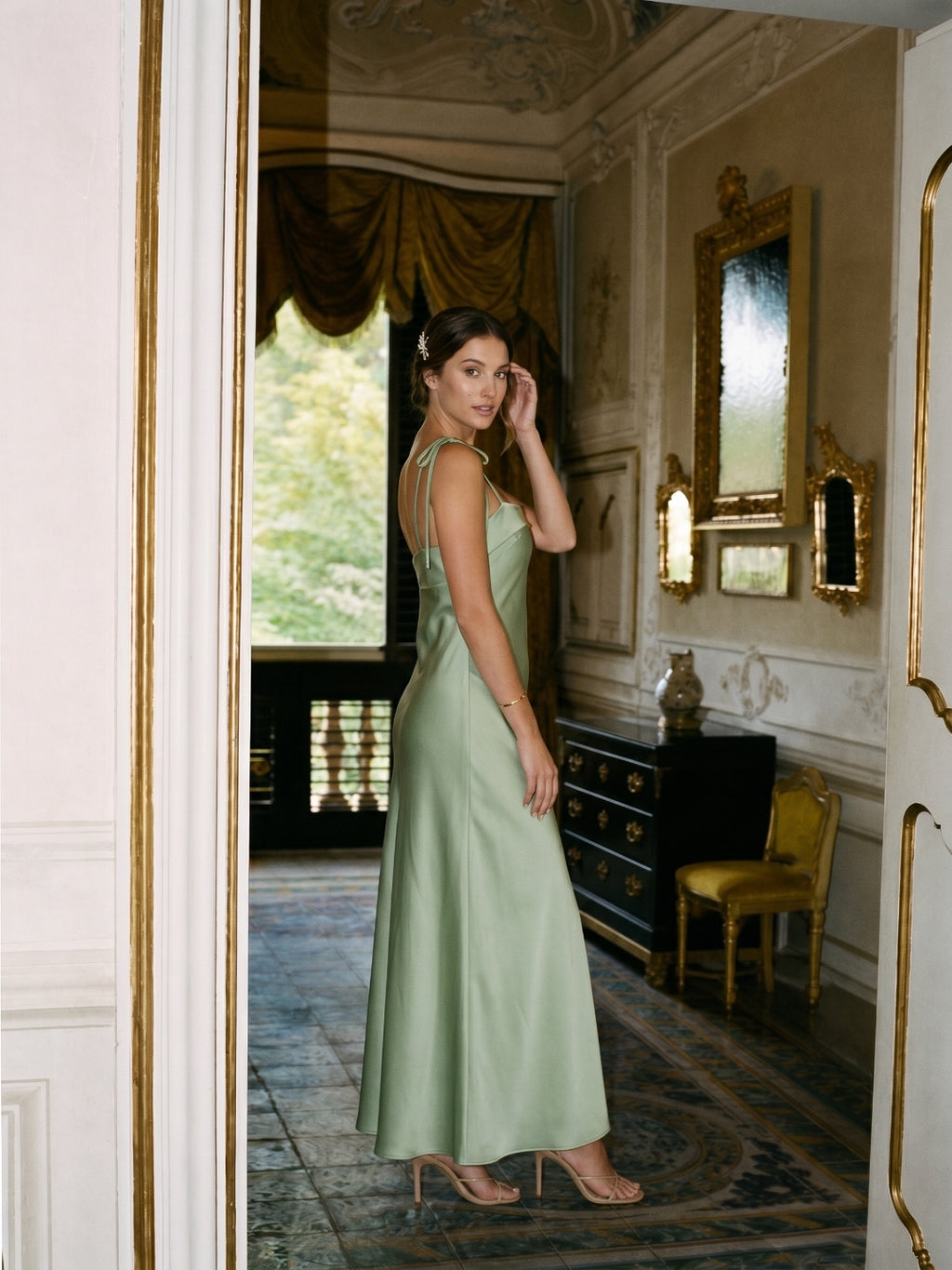 Simple Dusty Sage Satin Sheath Ankle-Length Bridesmaid Dress