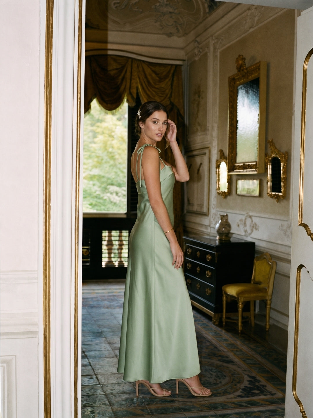 Simple Dusty Sage Satin Sheath Ankle-Length Bridesmaid Dress