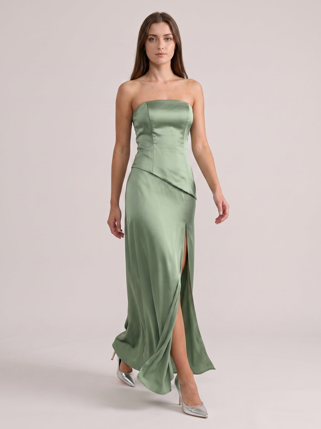 Simple Dusty Sage Satin Sheath Straight Neck Backless Bridesmaid Dress