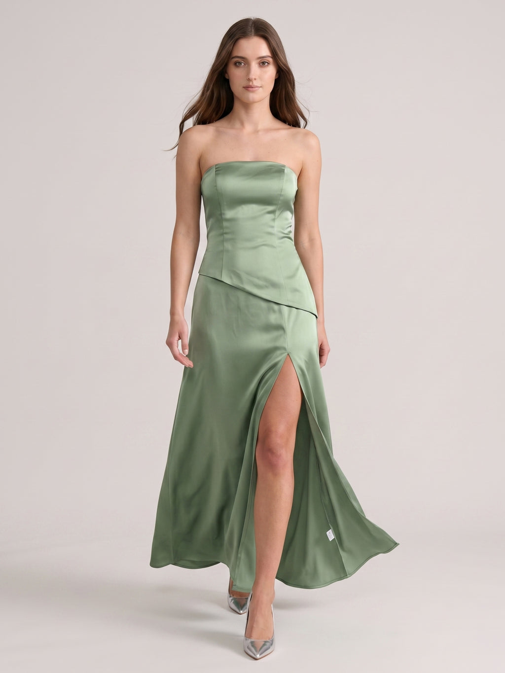 Simple Dusty Sage Satin Sheath Straight Neck Backless Bridesmaid Dress