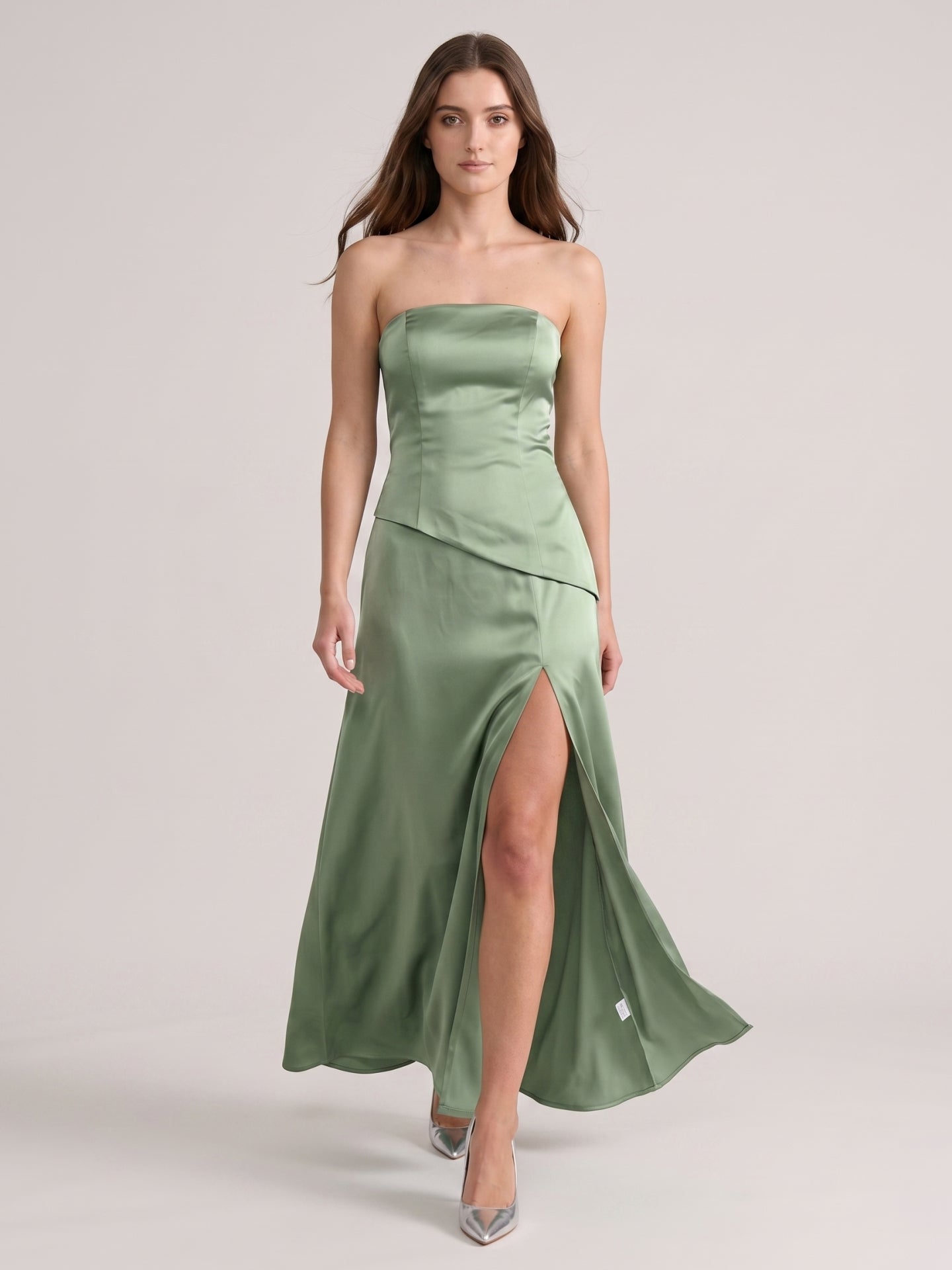 Simple Dusty Sage Satin Sheath Straight Neck Backless Bridesmaid Dress