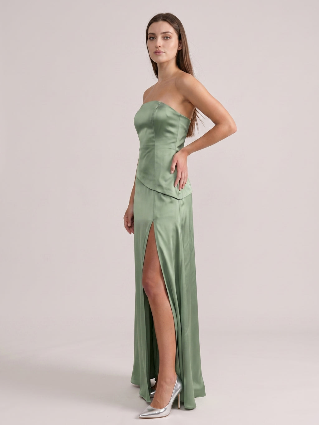 Simple Dusty Sage Satin Sheath Straight Neck Backless Bridesmaid Dress