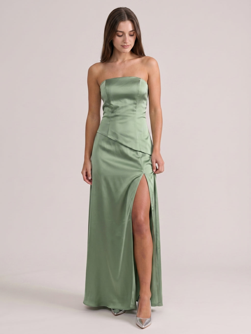 Simple Dusty Sage Satin Sheath Straight Neck Backless Bridesmaid Dress