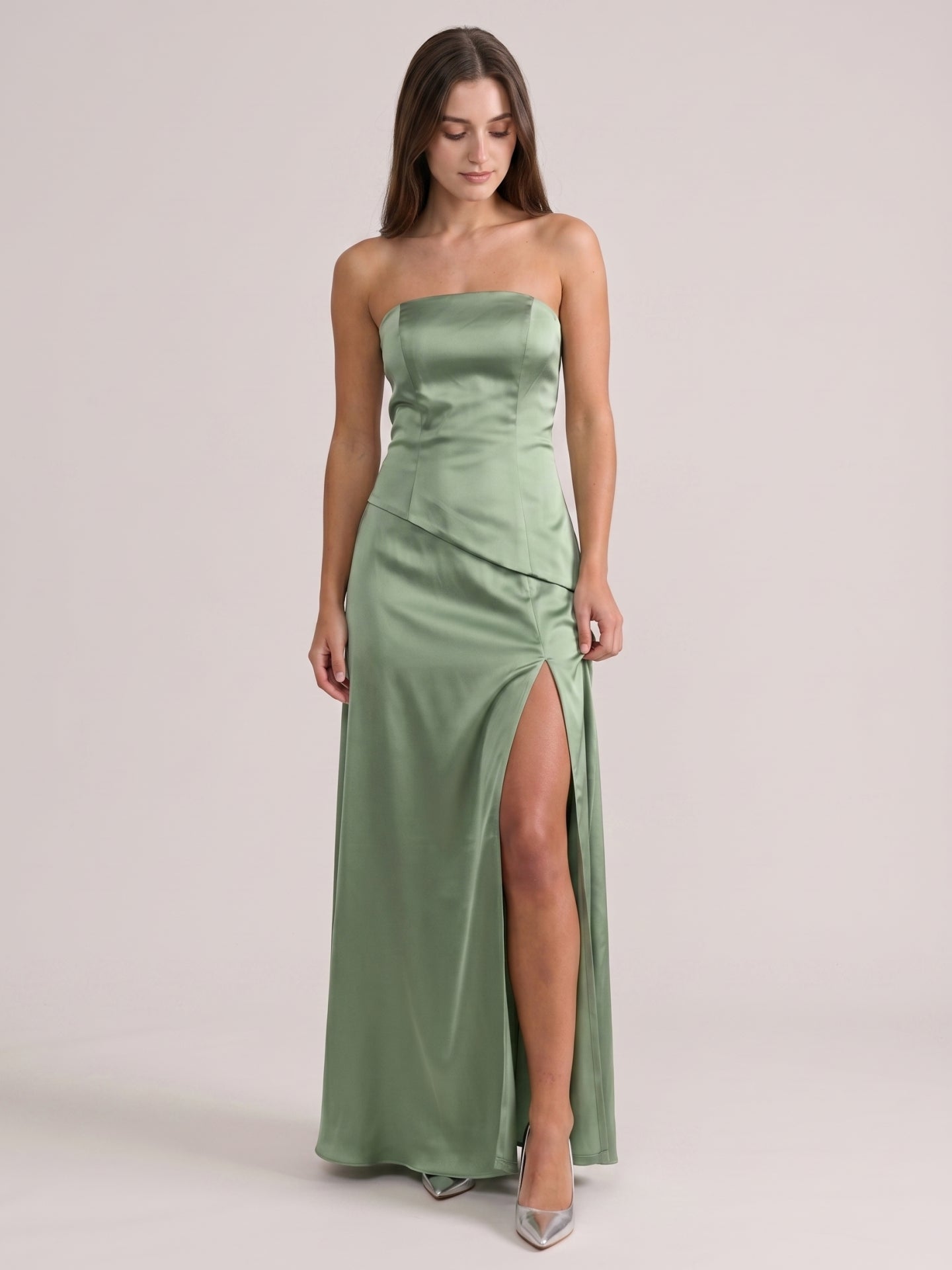 Simple Dusty Sage Satin Sheath Straight Neck Backless Bridesmaid Dress