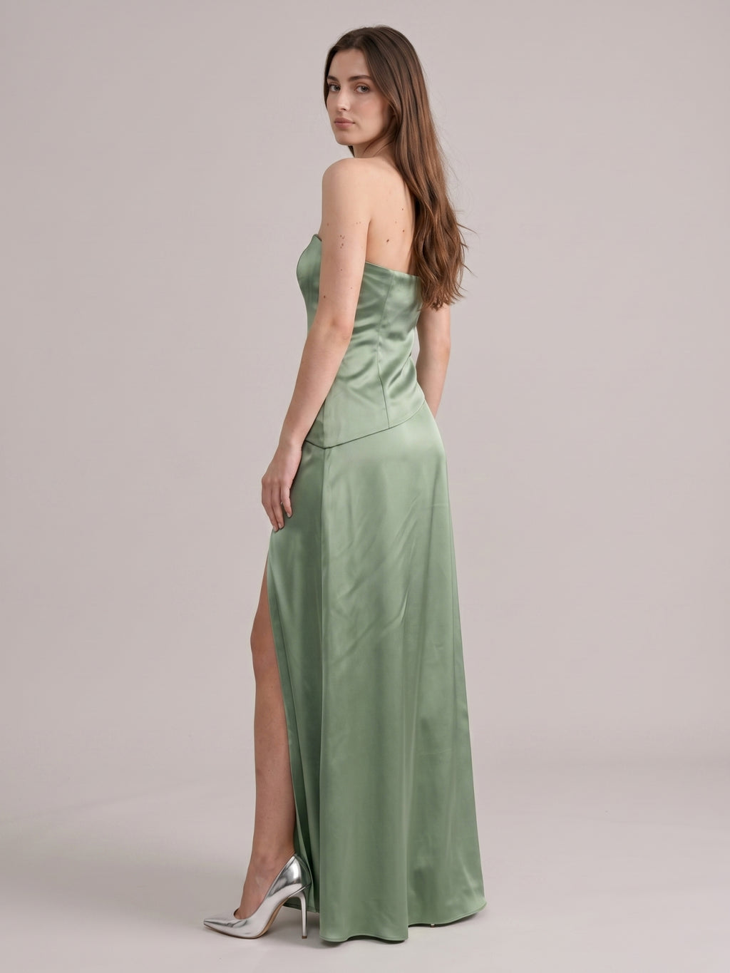 Simple Dusty Sage Satin Sheath Straight Neck Backless Bridesmaid Dress