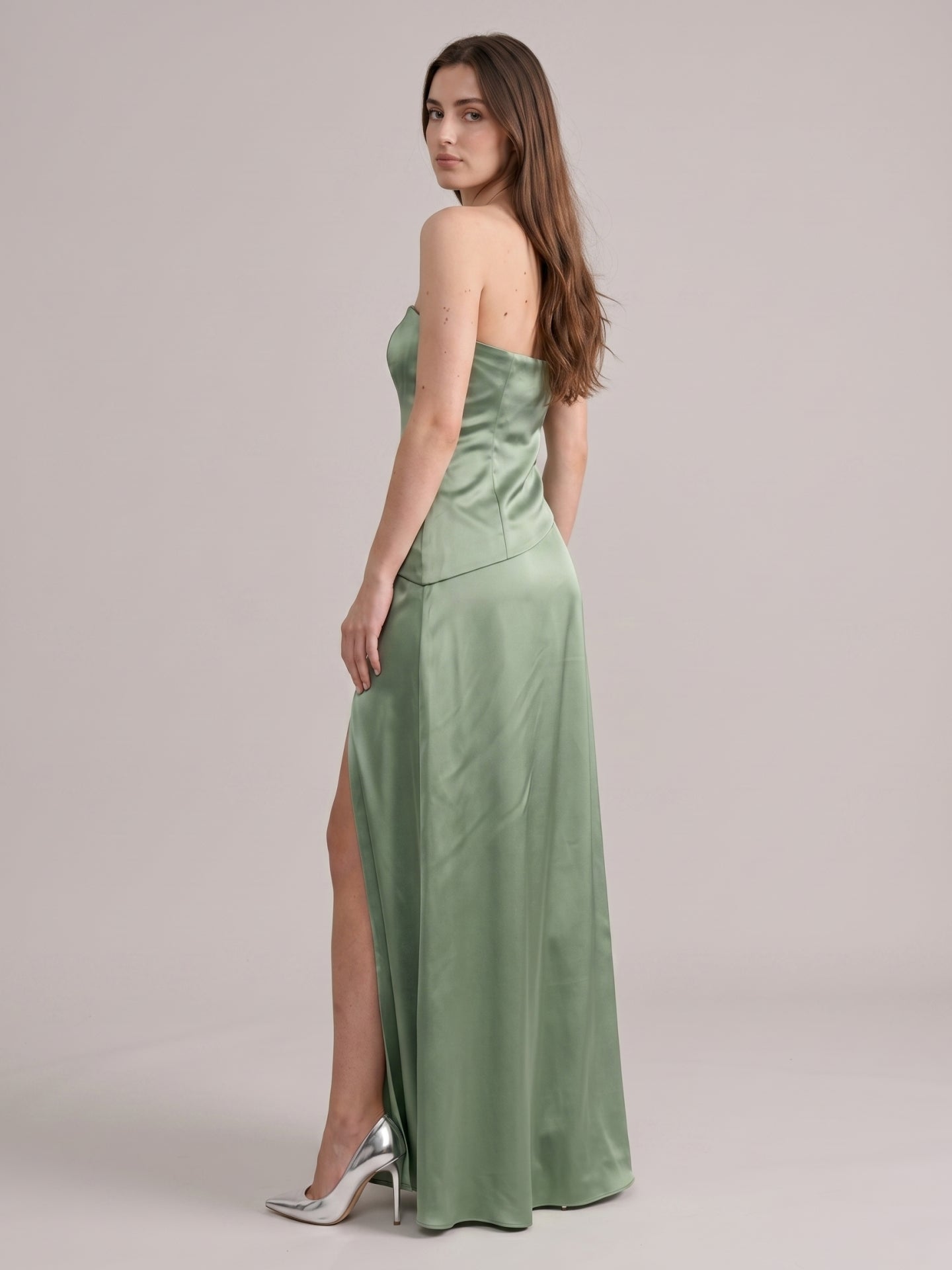 Simple Dusty Sage Satin Sheath Straight Neck Backless Bridesmaid Dress