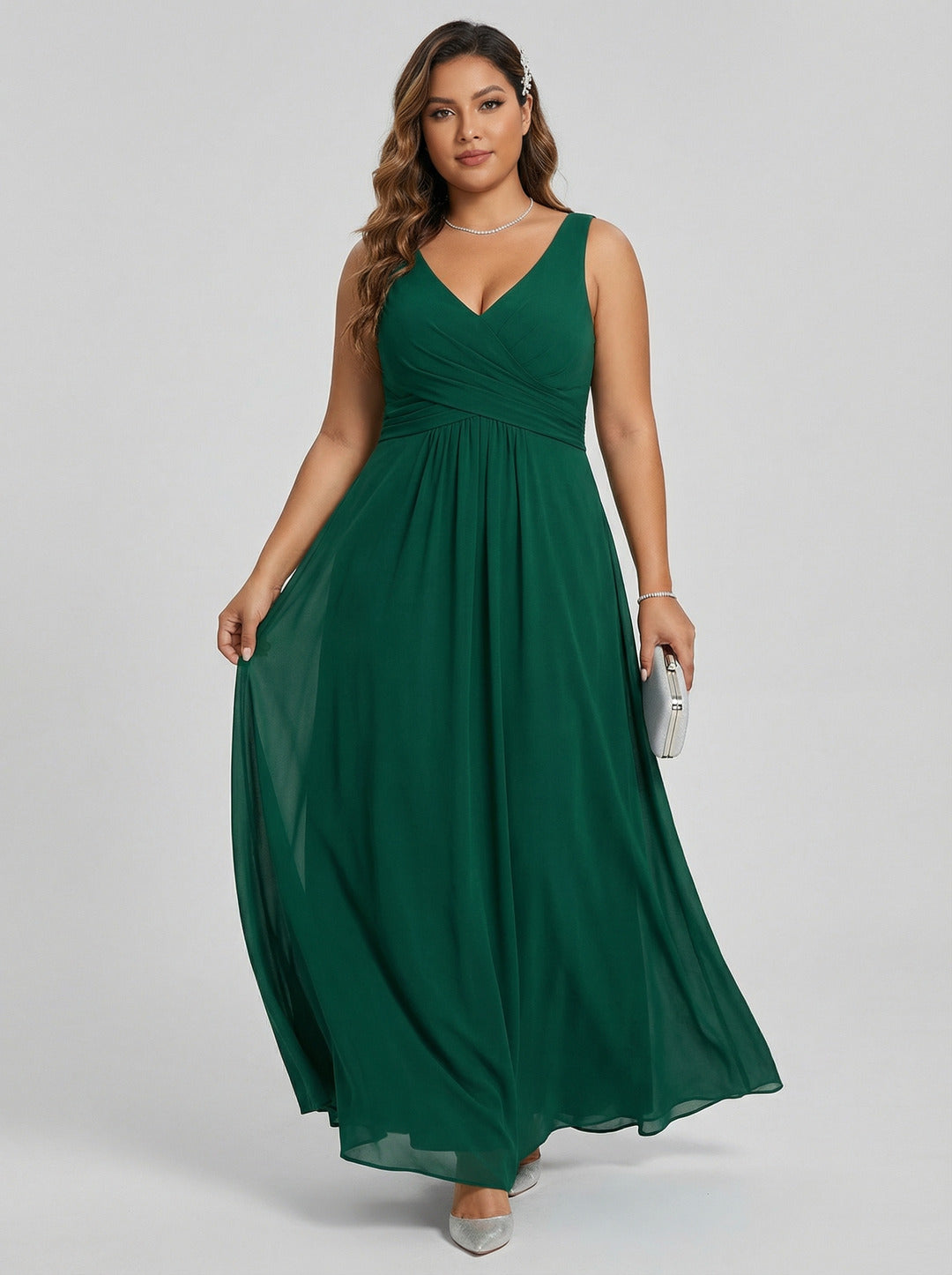 Simple Emerald Chiffon A-Line V-Neck V-Back Ankle-Length Plus Size Bridesmaid Dress