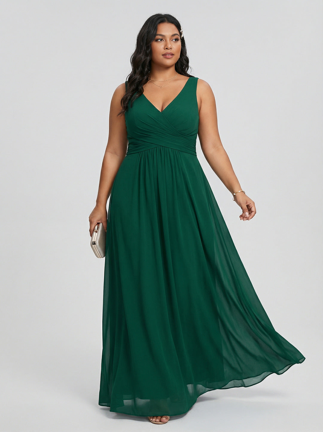 Simple Emerald Chiffon A-Line V-Neck V-Back Ankle-Length Plus Size Bridesmaid Dress