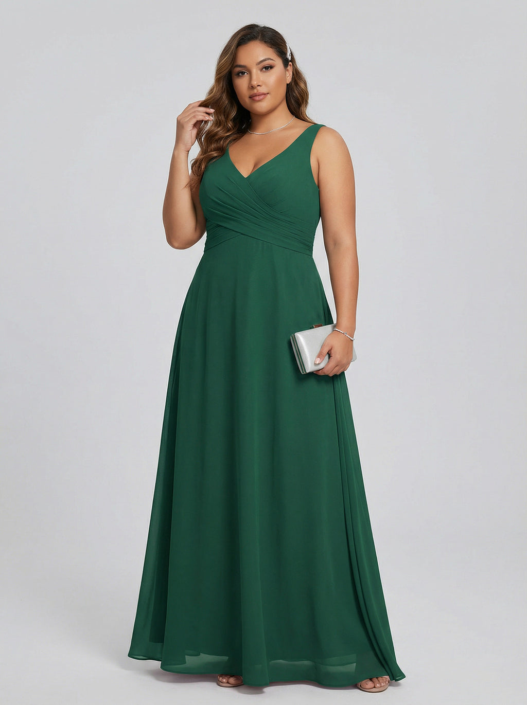 Simple Emerald Chiffon A-Line V-Neck V-Back Ankle-Length Plus Size Bridesmaid Dress