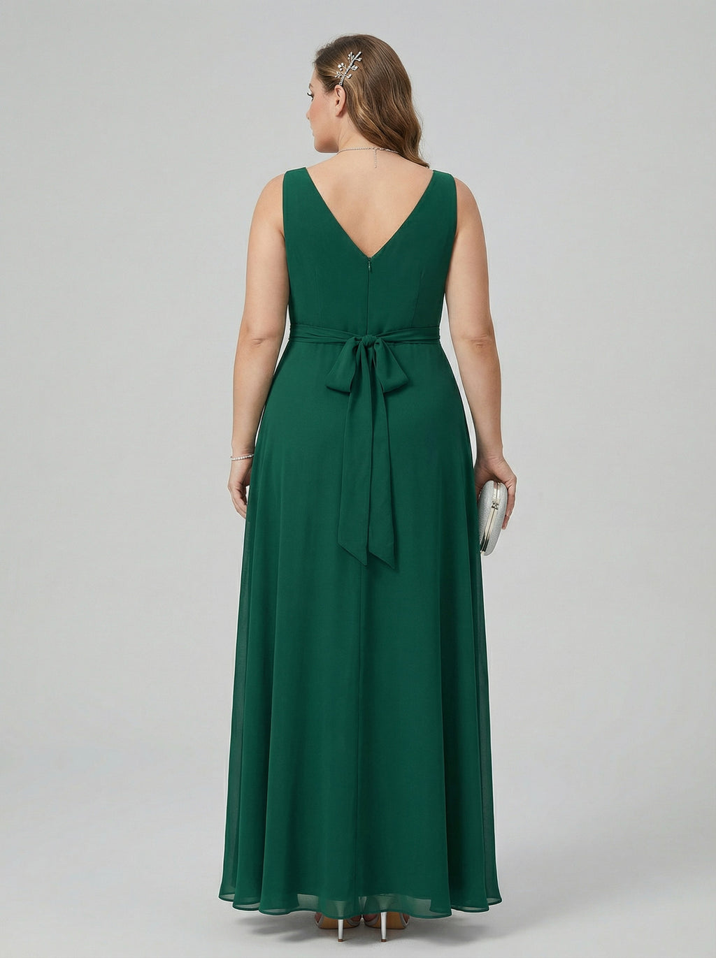 Simple Emerald Chiffon A-Line V-Neck V-Back Ankle-Length Plus Size Bridesmaid Dress