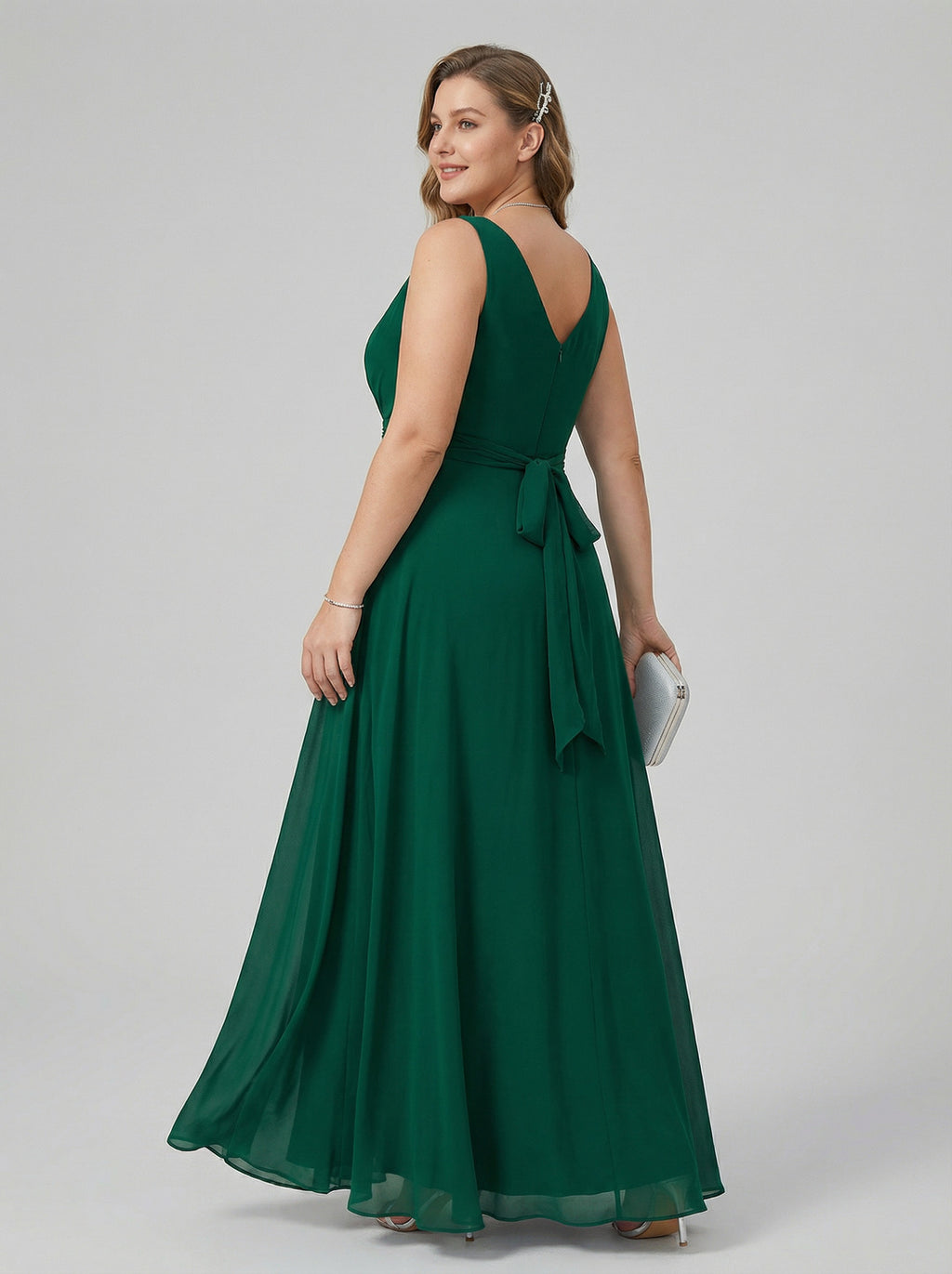 Simple Emerald Chiffon A-Line V-Neck V-Back Ankle-Length Plus Size Bridesmaid Dress