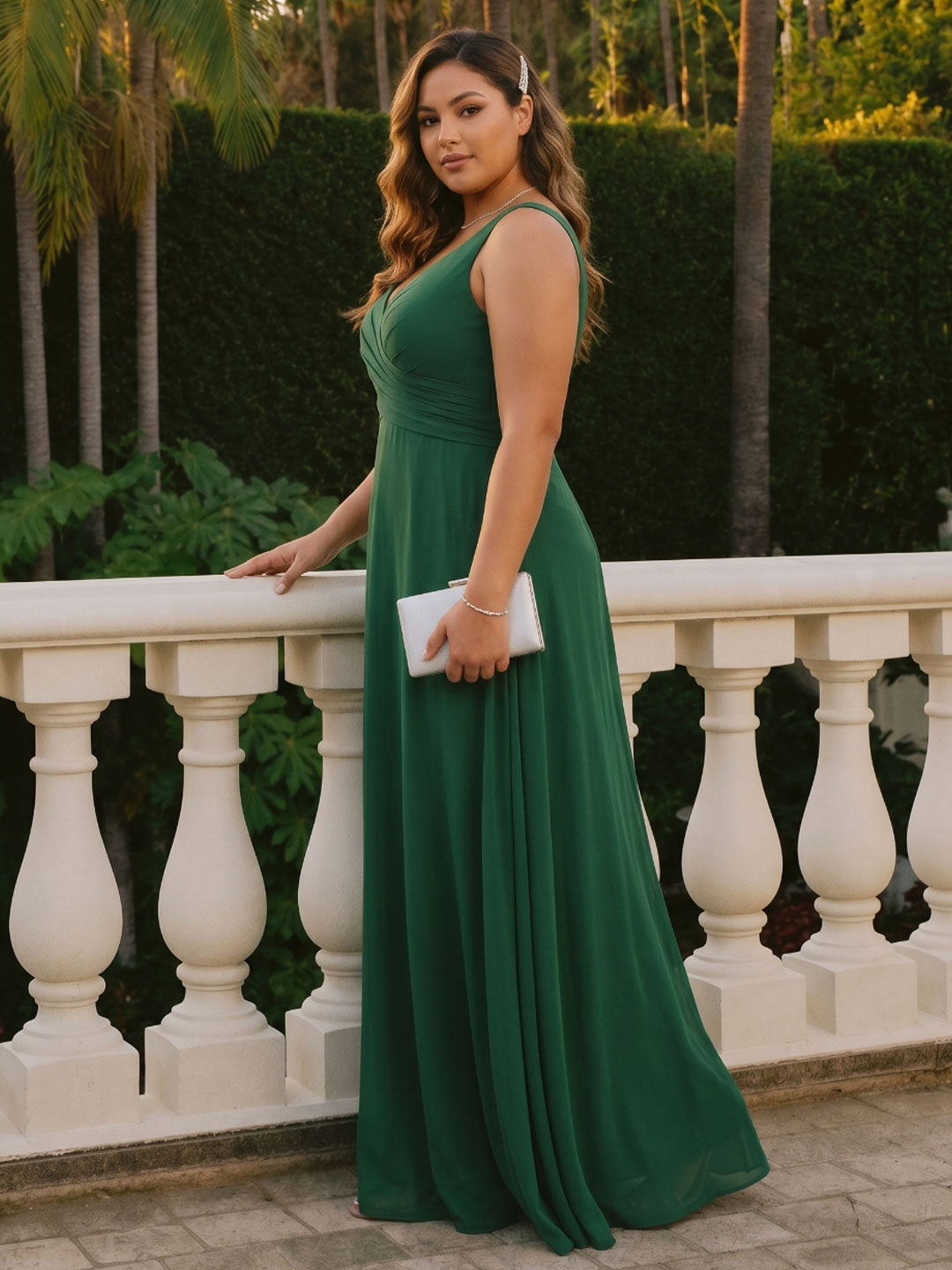 Simple Emerald Chiffon A-Line V-Neck V-Back Ankle-Length Plus Size Bridesmaid Dress