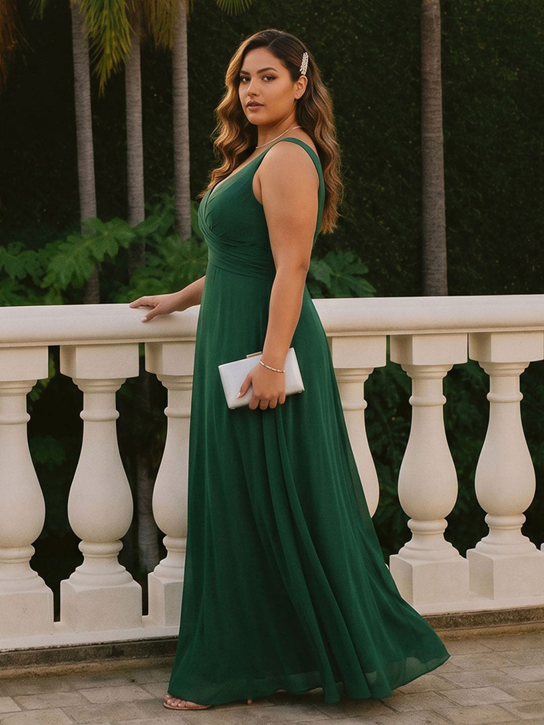 Simple Emerald Chiffon A-Line V-Neck V-Back Ankle-Length Plus Size Bridesmaid Dress