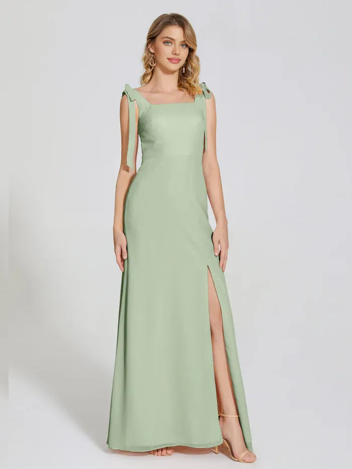 Simple Fitted Square Neck Sleeveless Chiffon Bowknot Floor-Length Bridesmaid Dress