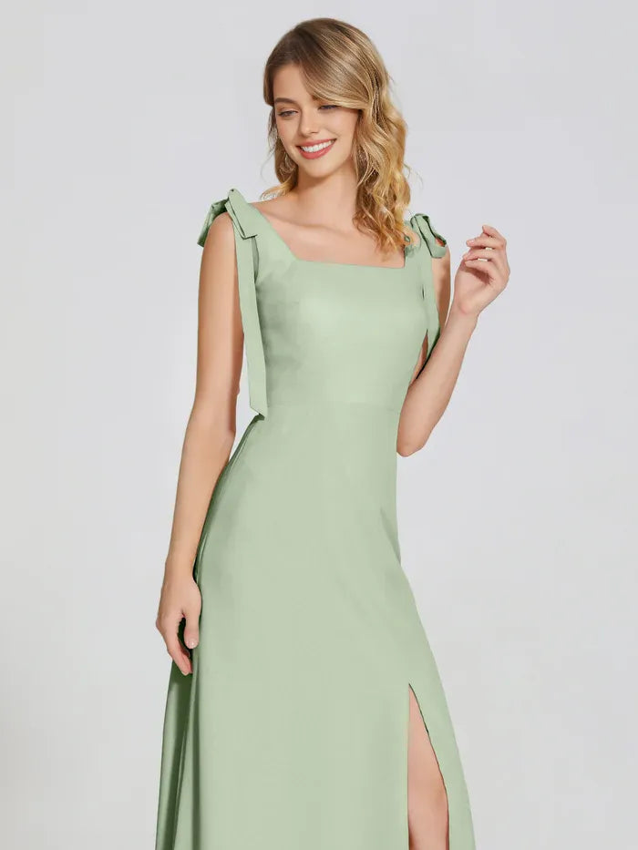 Simple Fitted Square Neck Sleeveless Chiffon Bowknot Floor-Length Bridesmaid Dress