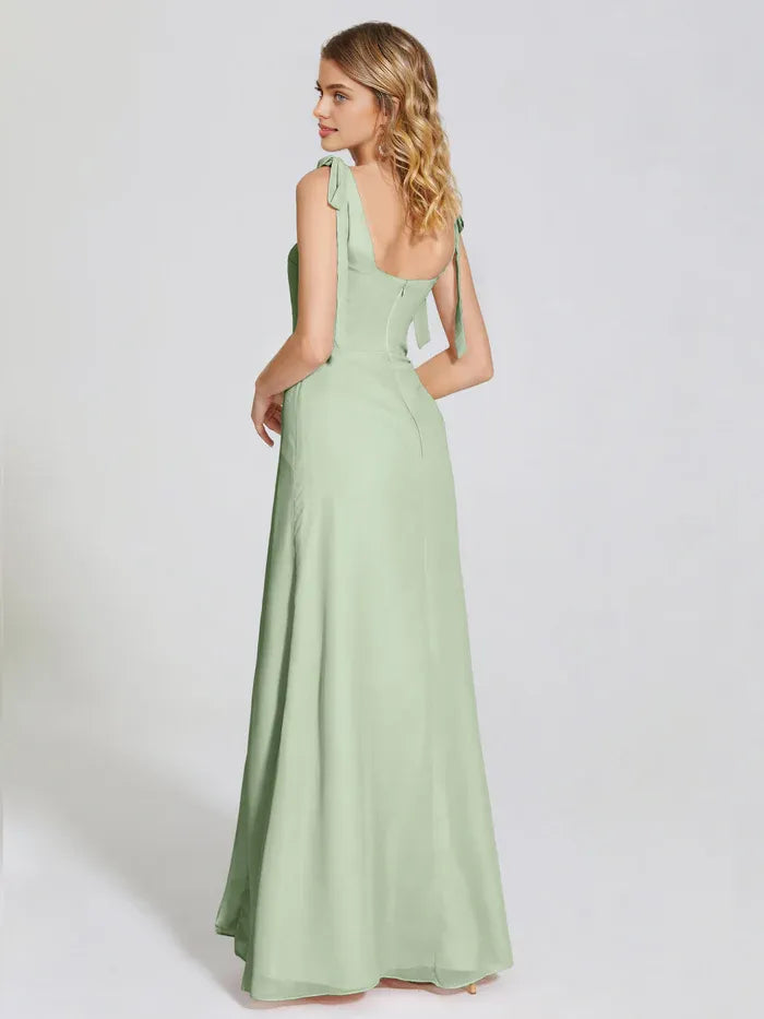Simple Fitted Square Neck Sleeveless Chiffon Bowknot Floor-Length Bridesmaid Dress