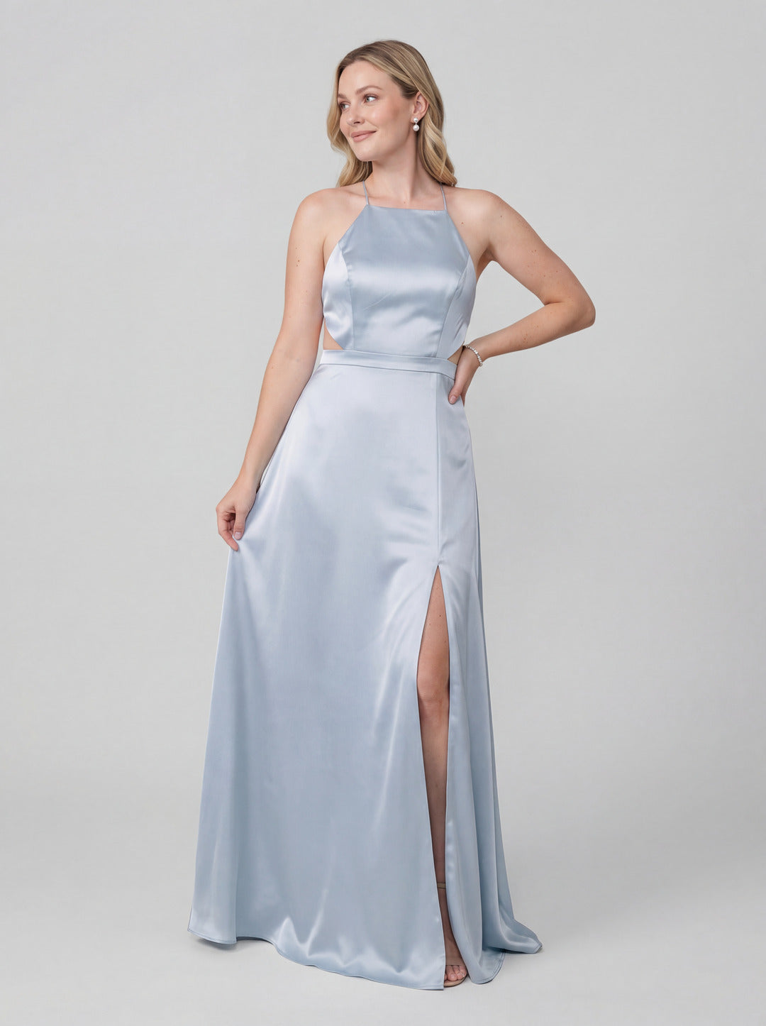 Simple Mist Satin Sheath Halter neckline  Ankle-Length Bridesmaid Dress