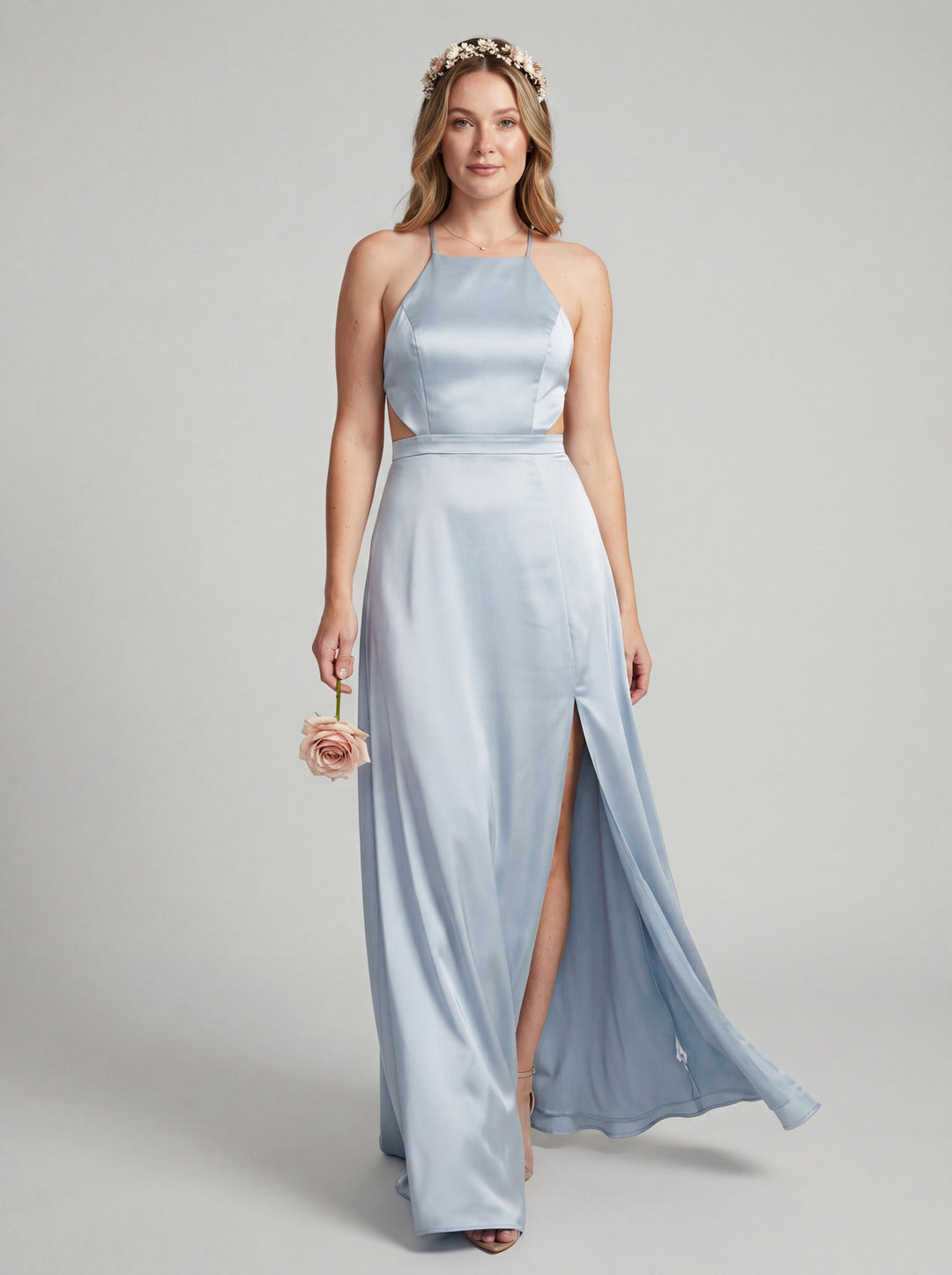Simple Mist Satin Sheath Halter neckline  Ankle-Length Bridesmaid Dress