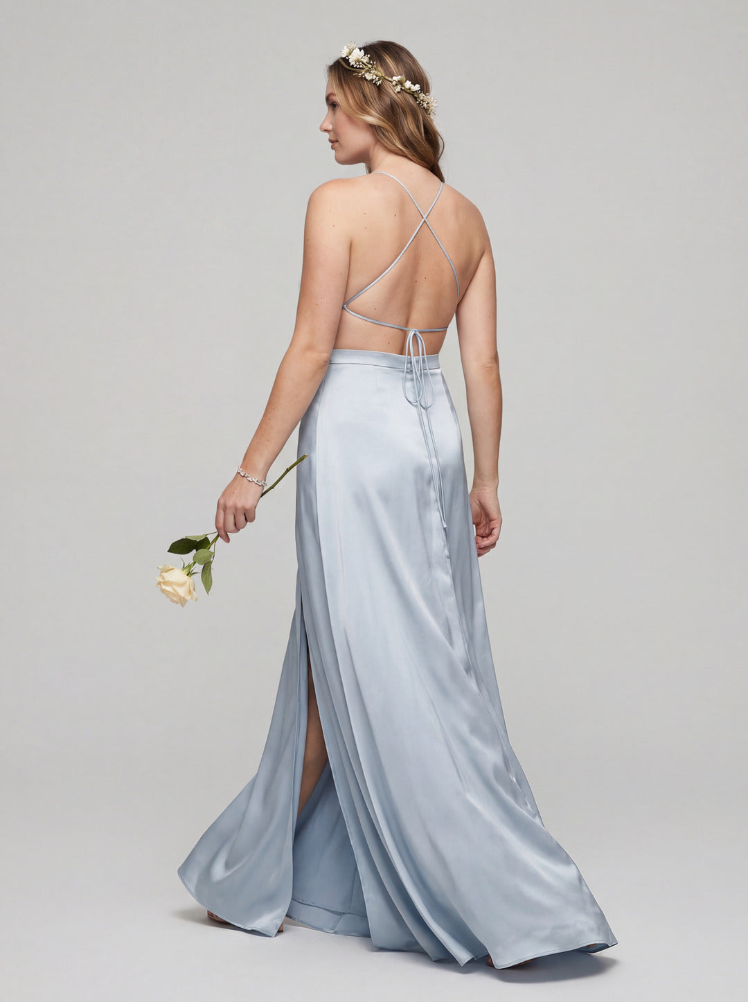 Simple Mist Satin Sheath Halter neckline  Ankle-Length Bridesmaid Dress