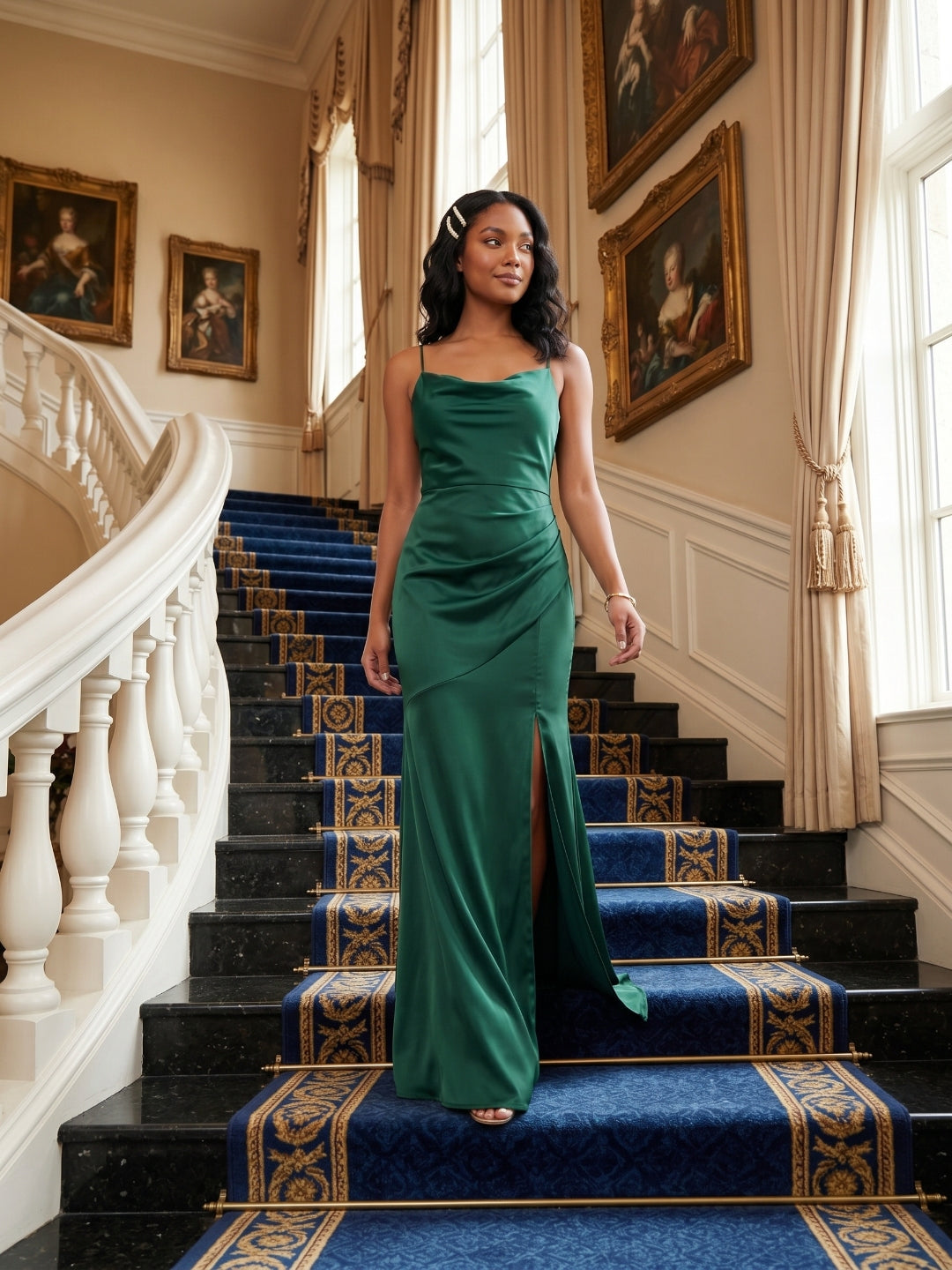 Simple Forest Green Satin Mermaid Cowl Neck Criss-Cross Straps Ankle-Length Bridesmaid Dress