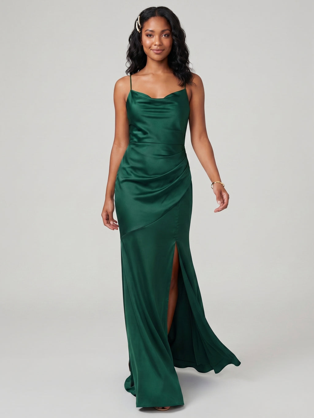 Simple Forest Green Satin Mermaid Cowl Neck Criss-Cross Straps Ankle-Length Bridesmaid Dress
