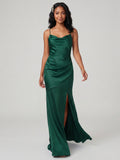 Simple Forest Green Satin Mermaid Cowl Neck Criss-Cross Straps Ankle-Length Bridesmaid Dress