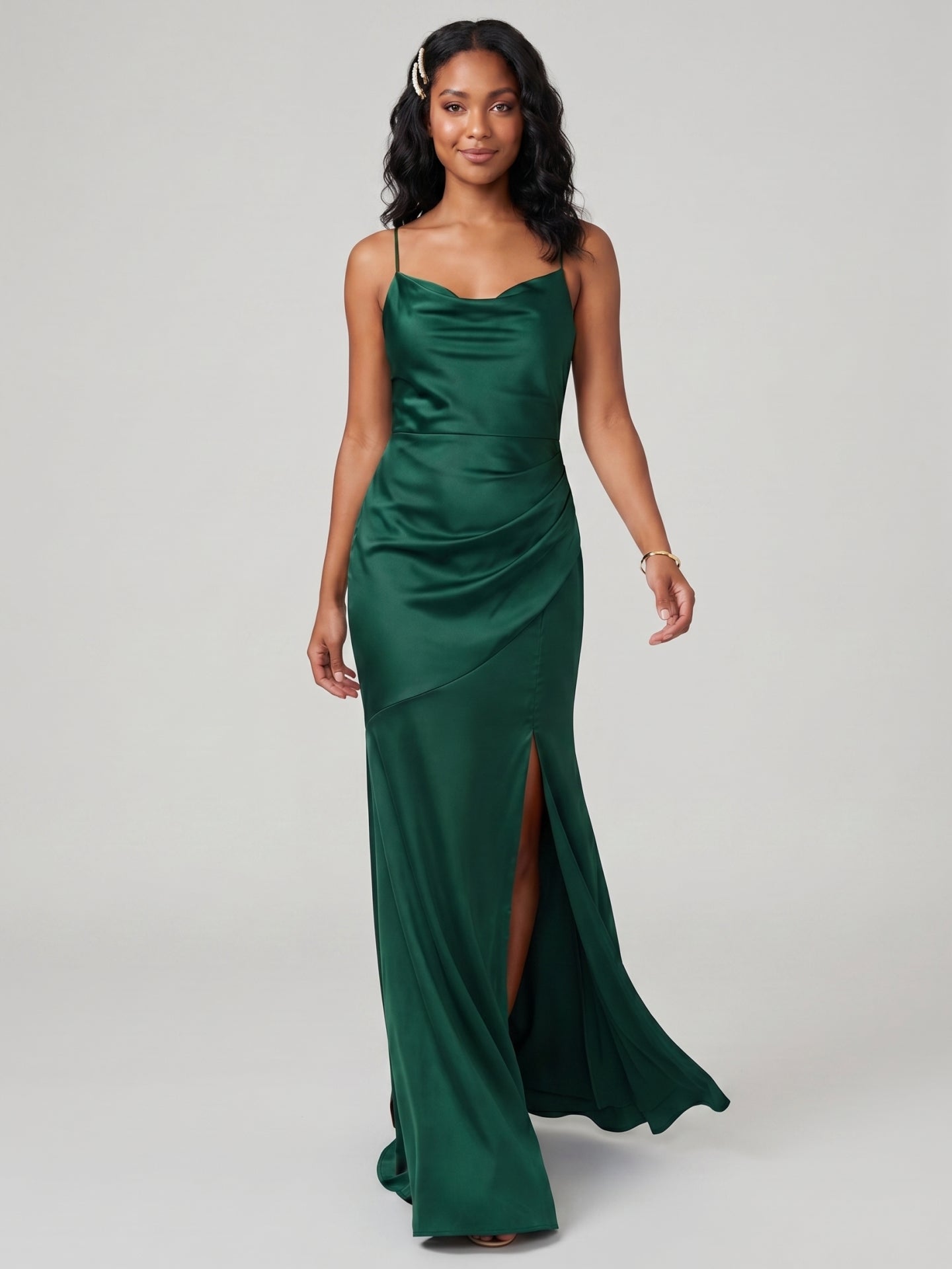Simple Forest Green Satin Mermaid Cowl Neck Criss-Cross Straps Ankle-Length Bridesmaid Dress