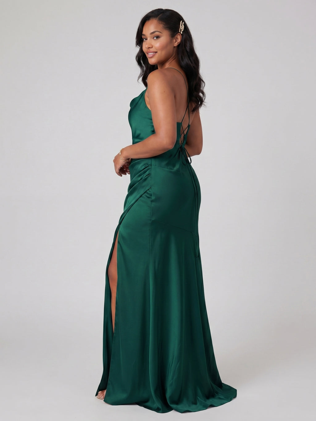 Simple Forest Green Satin Mermaid Cowl Neck Criss-Cross Straps Ankle-Length Bridesmaid Dress