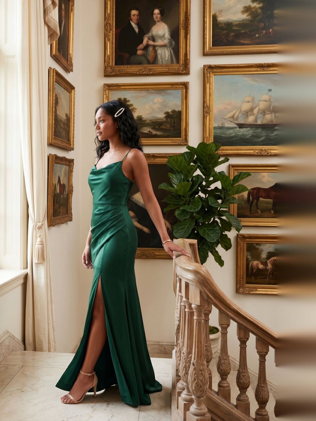 Simple Forest Green Satin Mermaid Cowl Neck Criss-Cross Straps Ankle-Length Bridesmaid Dress